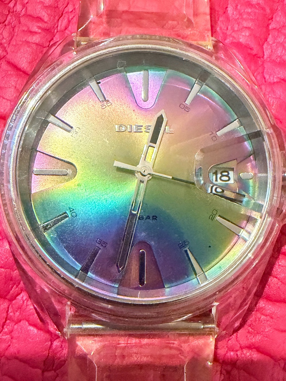 Diesel Clear Strap Watch with Iridescent Rainbow Dial